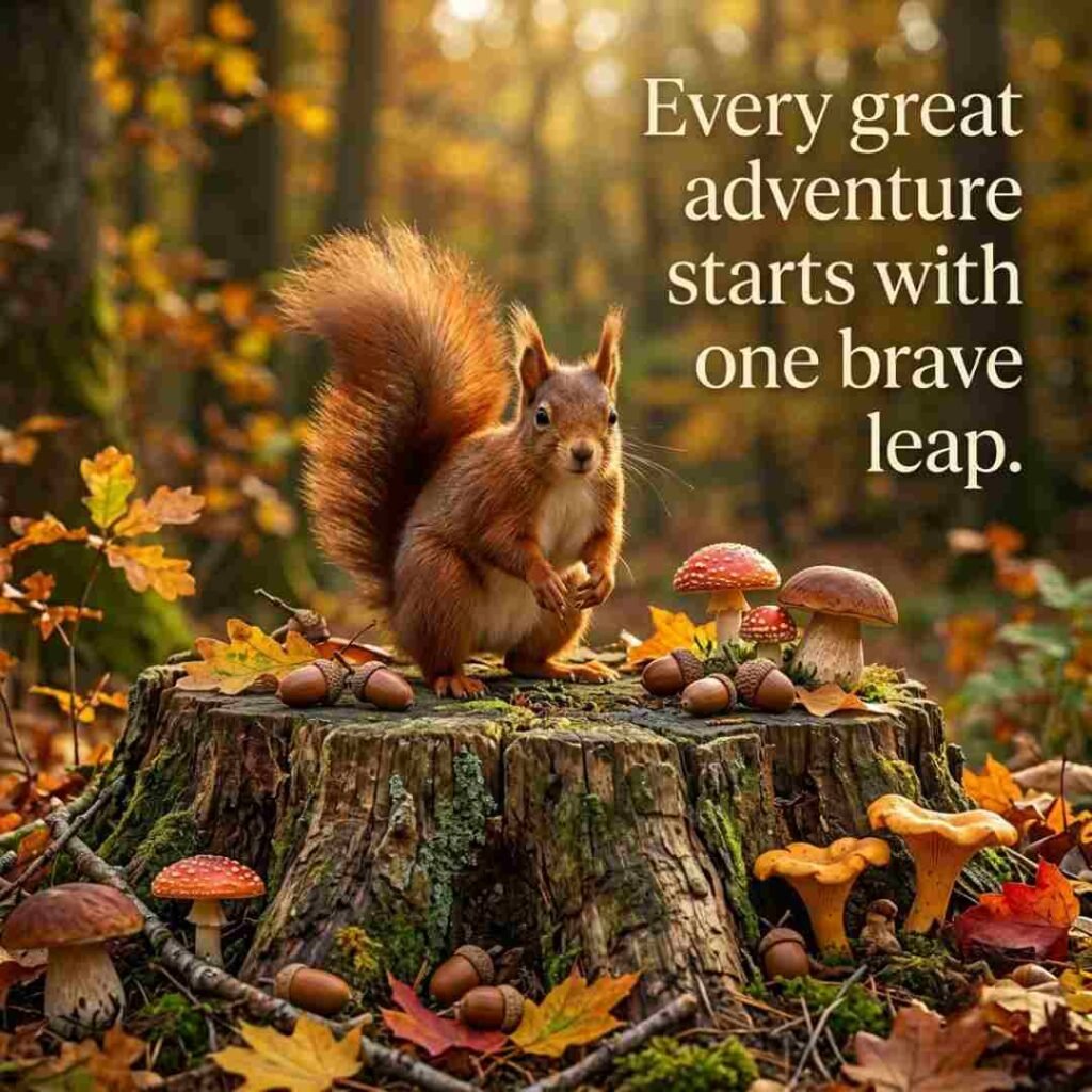 Best squirrel puns image featuring a realistic red squirrel surrounded by acorns in a beautiful autumn forest with the quote, "Every great adventure starts with one brave leap."