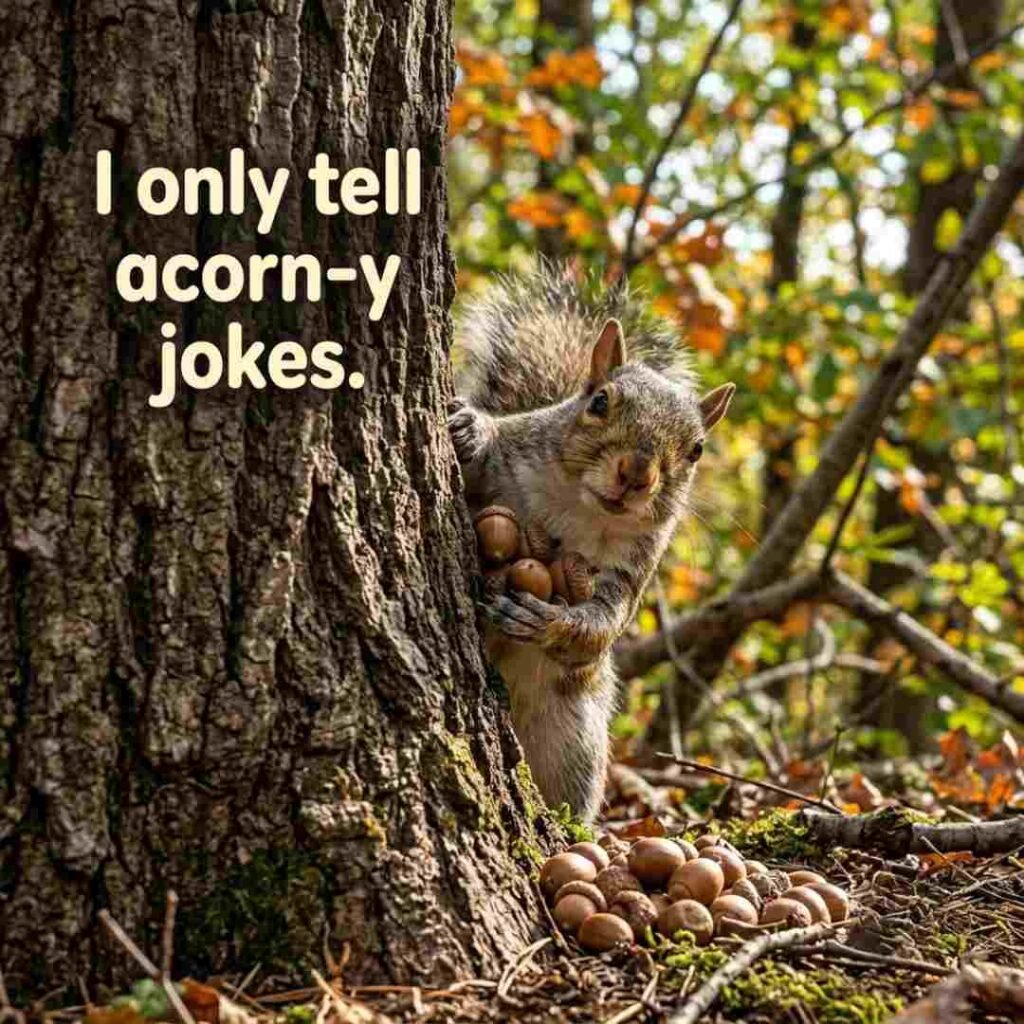 Squirrel jokes image featuring a realistic squirrel hiding acorns behind an oak tree with the funny message, "I only tell acorn-y jokes."