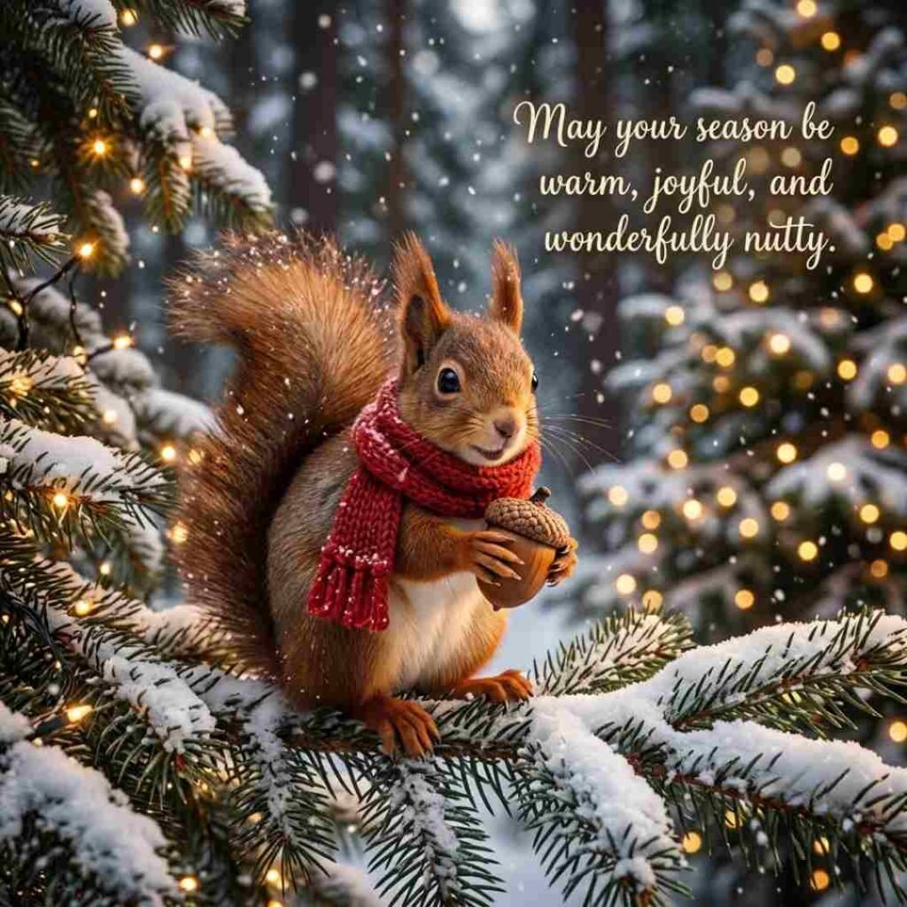 Winter squirrel puns image showing a realistic squirrel in a snowy Christmas forest with the blessing, "May your season be warm, joyful, and wonderfully nutty."