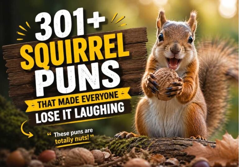 301+ Squirrel Puns That Made Everyone Lose It Laughing featured image showing a realistic red squirrel holding a large acorn in a beautiful autumn forest with cinematic golden sunlight, premium wildlife photography, playful woodland scenery, and a funny squirrel quote, perfect for squirrel puns, jokes, captions, one-liners, Instagram posts, and family-friendly humor.