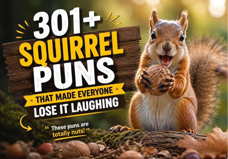 301+ Squirrel Puns That Made Everyone Lose It Laughing featured image showing a realistic red squirrel holding a large acorn in a beautiful autumn forest with cinematic golden sunlight, premium wildlife photography, playful woodland scenery, and a funny squirrel quote, perfect for squirrel puns, jokes, captions, one-liners, Instagram posts, and family-friendly humor.