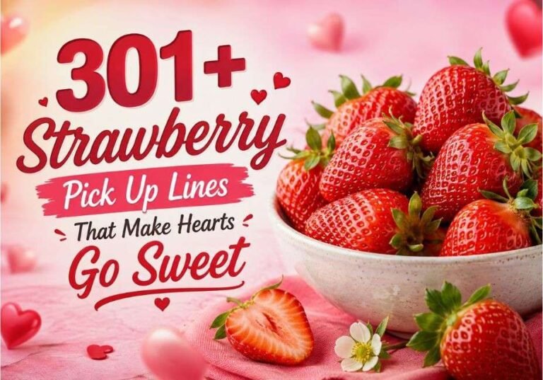 301+ Strawberry Pick Up Lines That Make Hearts Go Sweet – romantic strawberry-themed pickup lines with fresh strawberries and hearts.