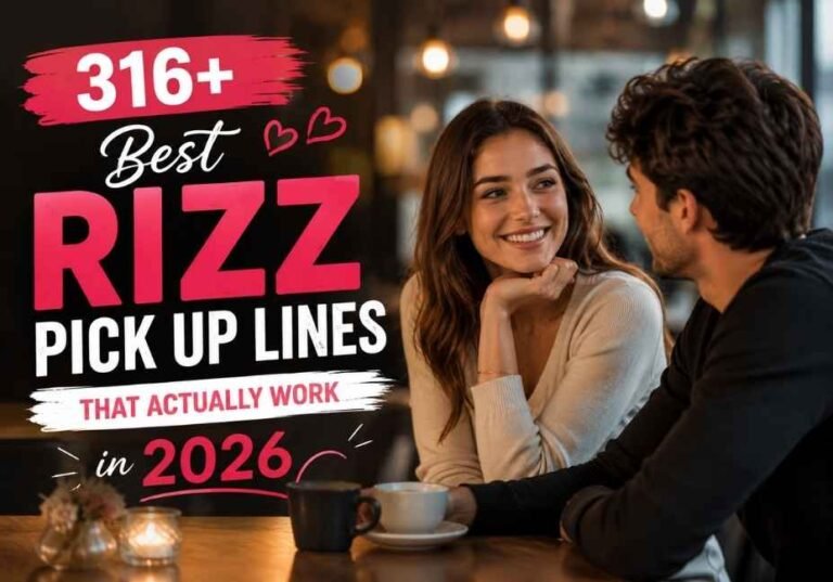 316+ Best Rizz Pick Up Lines That Actually Work in 2026 featured image showing two people smiling and chatting naturally at a cozy café, with bold “Best Rizz Pick Up Lines” text.