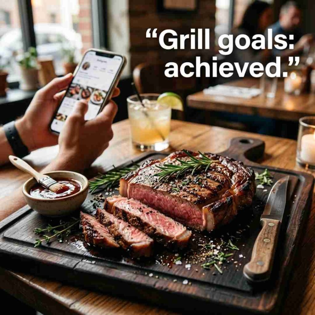 Witty meat puns for social media featuring a juicy grilled steak, barbecue setting, and the funny quote “Grill goals: achieved.”