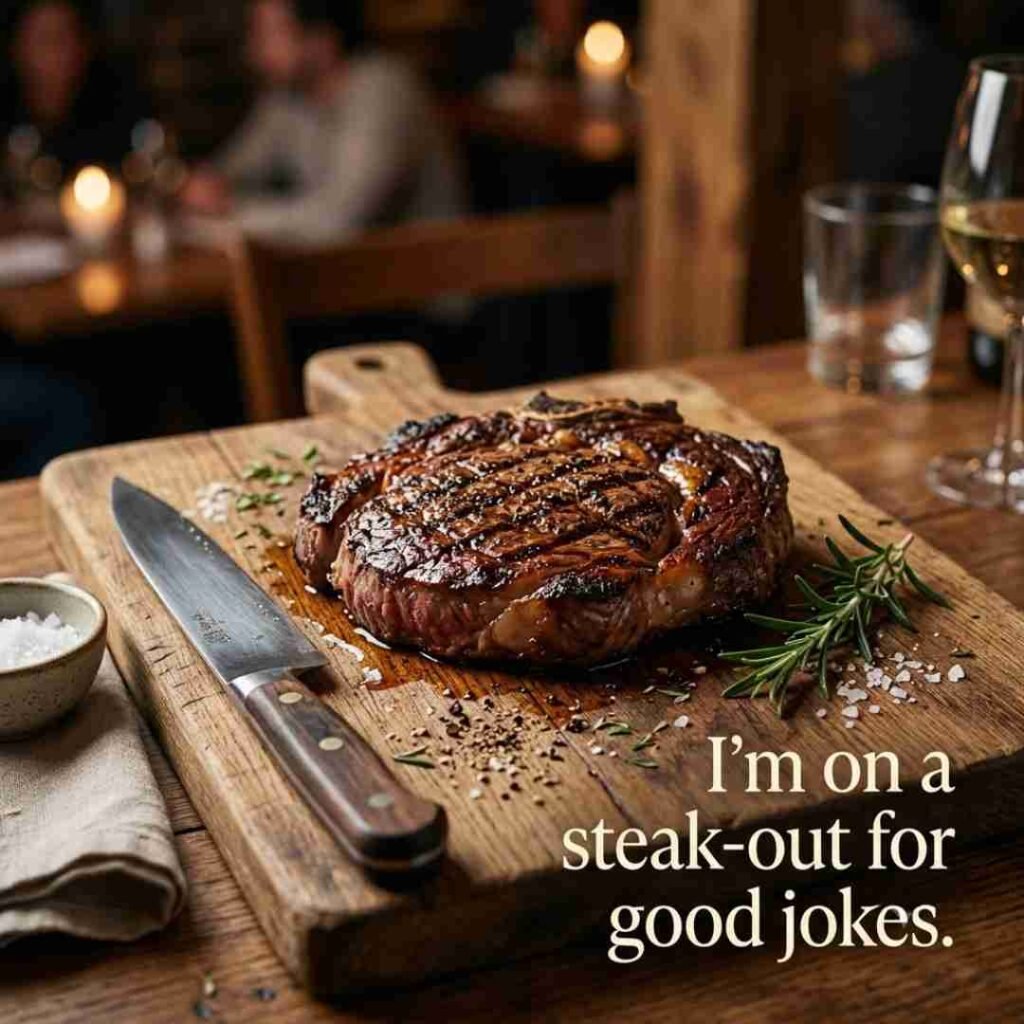 Best meat puns featuring a grilled steak with the funny quote “I’m on a steak-out for good jokes” on a rustic cutting board.