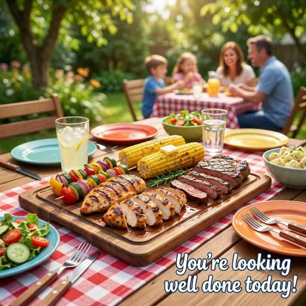 Clean and family-friendly meat jokes featuring grilled steak, chicken, vegetables, and the funny quote “You’re looking well done today!”