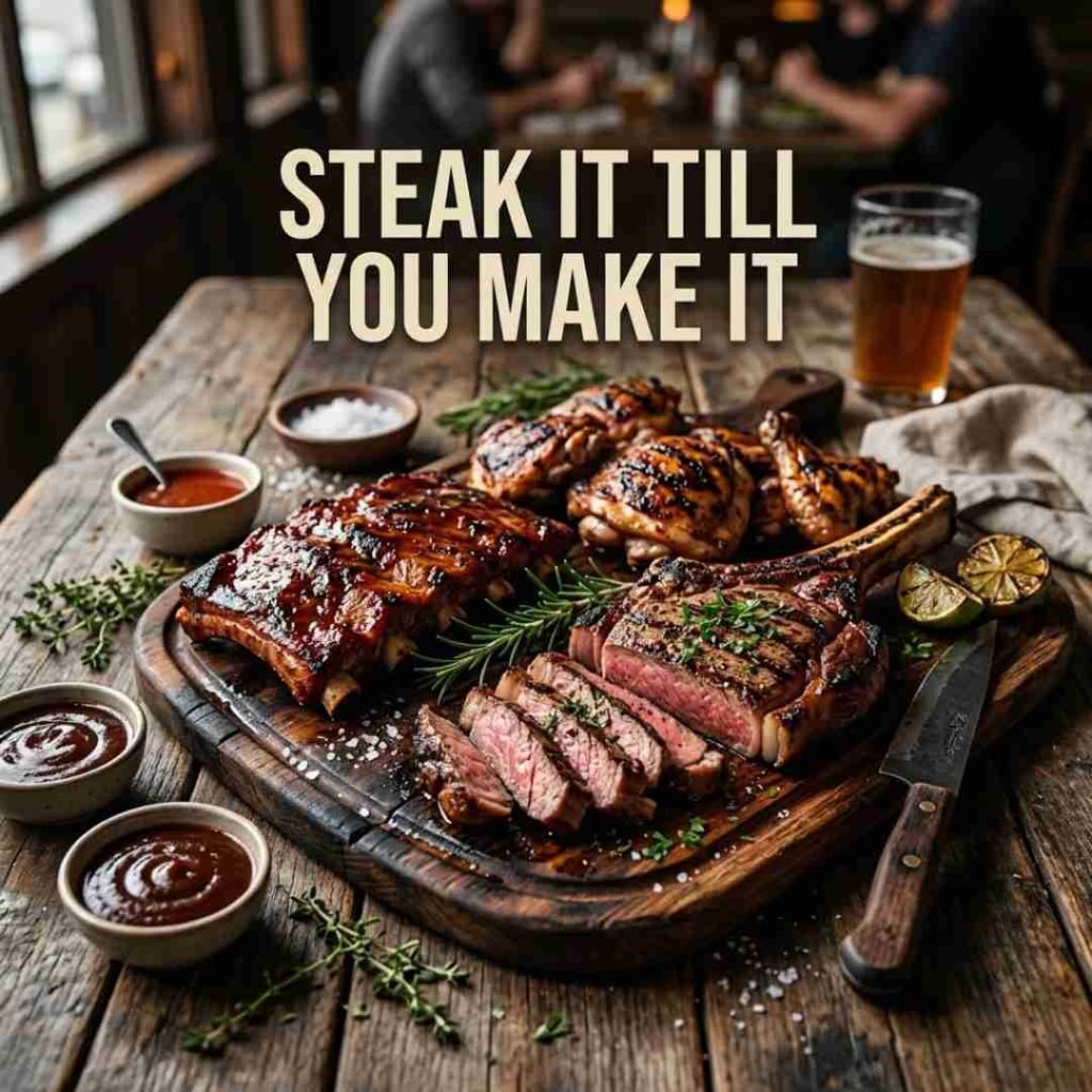 Funny meat puns captions featuring grilled steak, ribs, chicken, barbecue sauce, and the quote “Steak it till you make it.”
