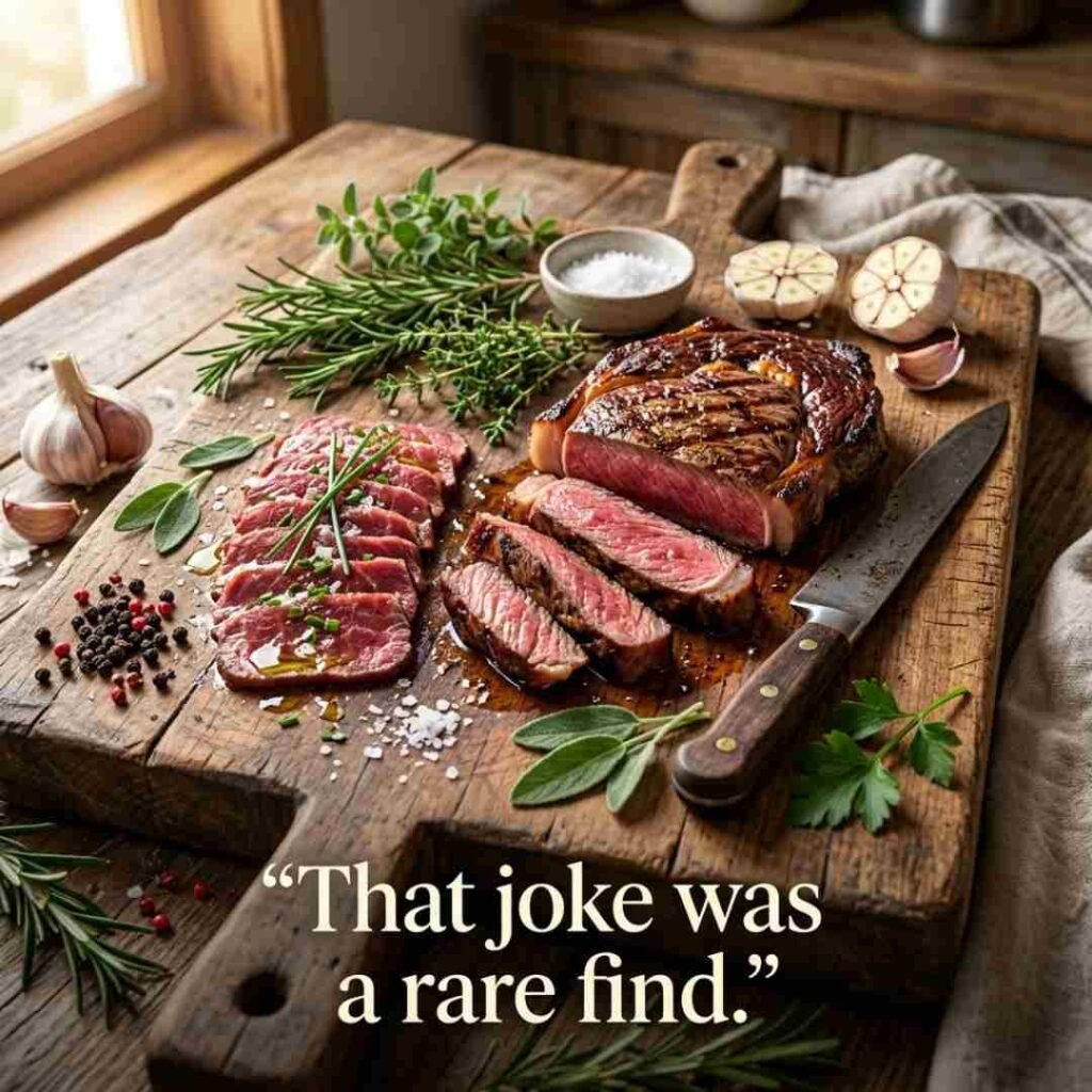 Fresh meat puns featuring grilled beef, sliced steak, herbs, garlic, and the original joke “That joke was a rare find.”