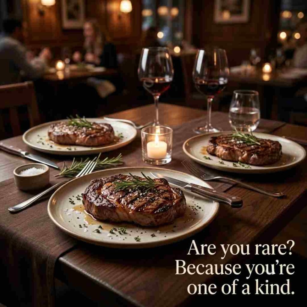 Flirty meat puns featuring two plated steaks at an elegant dinner table with the playful quote “Are you rare? Because you’re one of a kind.”