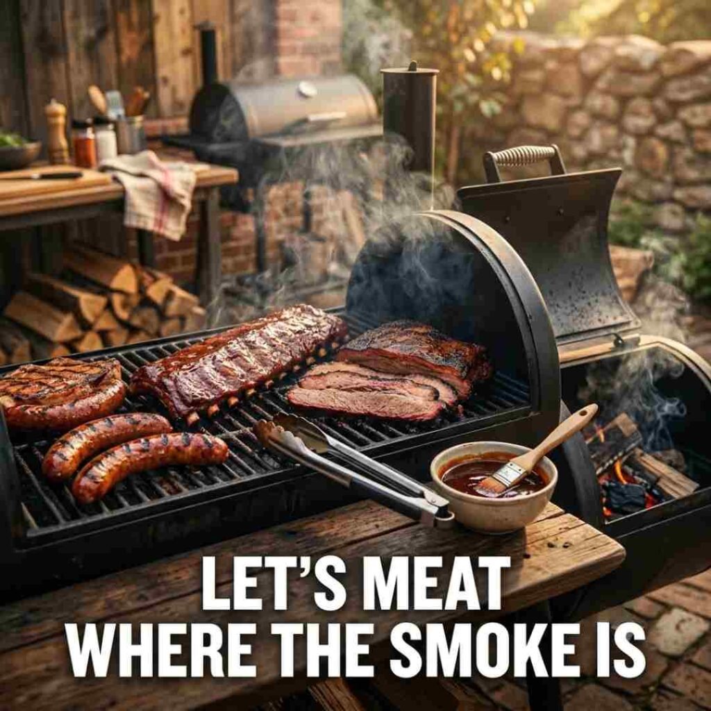 Smoked and BBQ meat puns featuring smoked ribs, brisket, barbecue sauce, wood smoke, and the quote “Let’s meat where the smoke is.”