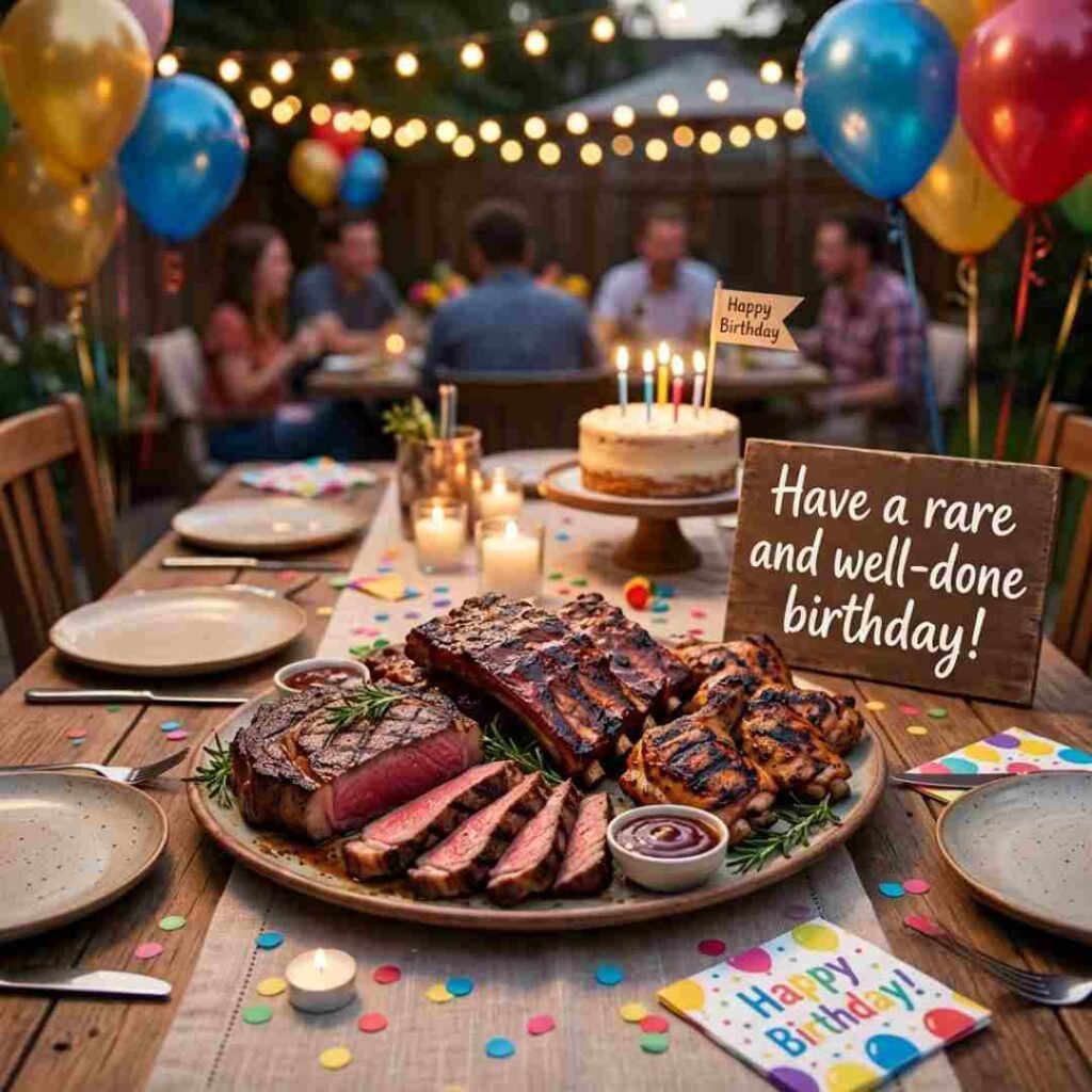 Birthday meat puns featuring grilled steak, ribs, chicken, festive decorations, and the birthday message “Have a rare and well-done birthday!”