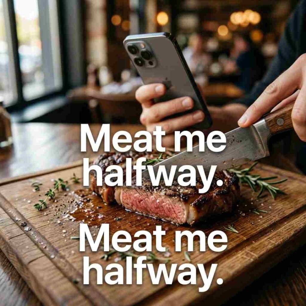 Short meat puns for texting and social media featuring a sliced grilled steak and the one-liner “Meat me halfway.”