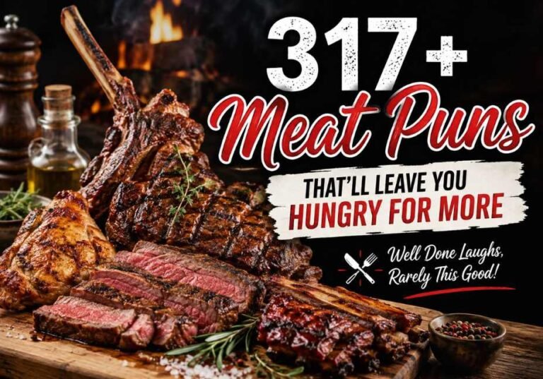 317+ meat puns that’ll leave you hungry for more, featuring juicy grilled steaks, ribs, barbecue meat, fresh herbs, and a warm fire-lit background with bold “Meat Puns” text, designed for a funny food-themed blog article.