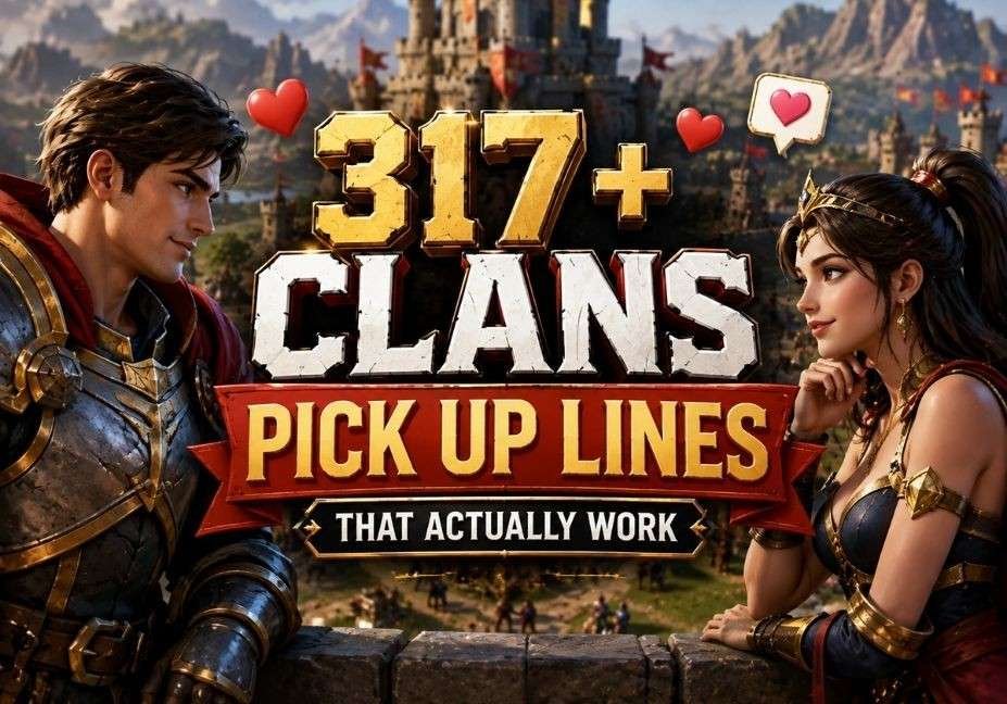 317+ Clans Pick Up Lines That Actually Work – romantic gaming-themed scene with fantasy warriors, castle battlefield, and bold pickup line text