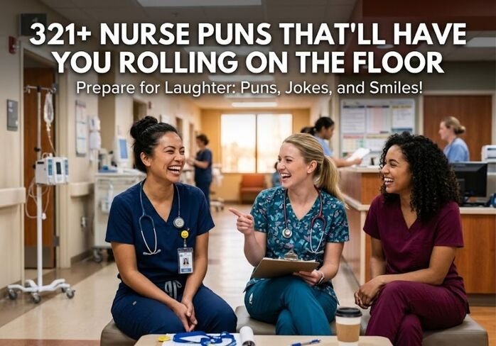 321+ Nurse Puns that’ll have you rolling on the floor, featuring a smiling nurse in a realistic hospital setting with playful nursing humor and a clean, professional design.