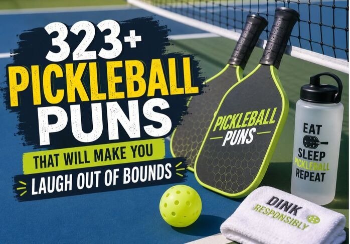 323+ pickleball puns that will make you laugh out of bounds, featuring pickleball paddles, a yellow pickleball, and a colorful pickleball court.