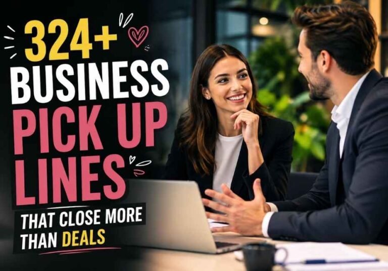324+ Business Pick Up Lines that close more than deals, featuring two professionals having a friendly conversation in a modern office.