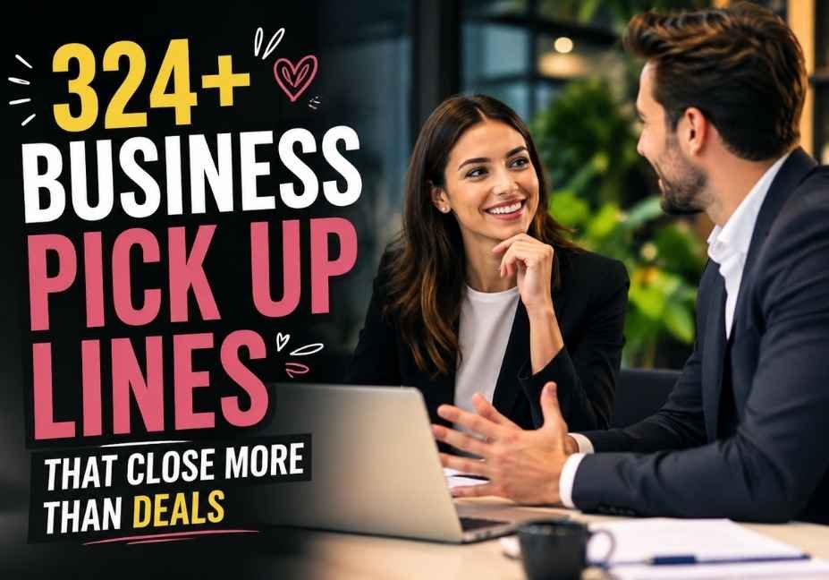 324+ Business Pick Up Lines that close more than deals, featuring two professionals having a friendly conversation in a modern office.