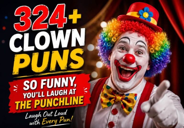 324+ Clown Puns featuring a cheerful realistic clown in colorful circus attire, rainbow wig, red hat, bright bow tie, and playful expression, with bold text promoting funny clown puns that will make you laugh at the punchline.