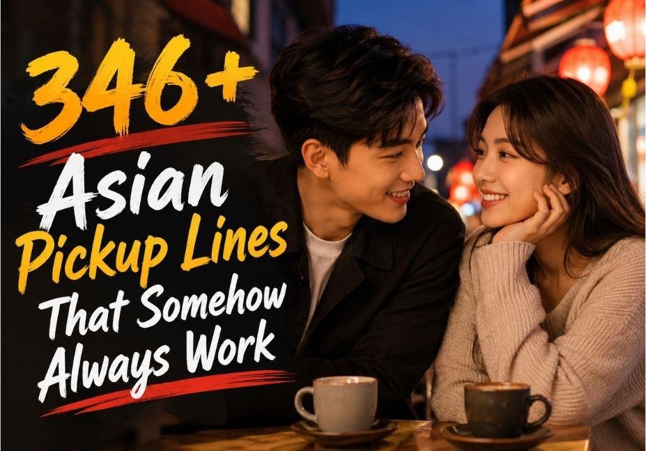 346+ Asian Pickup Lines That Somehow Always Work featuring a romantic Asian couple enjoying a cozy café conversation at night