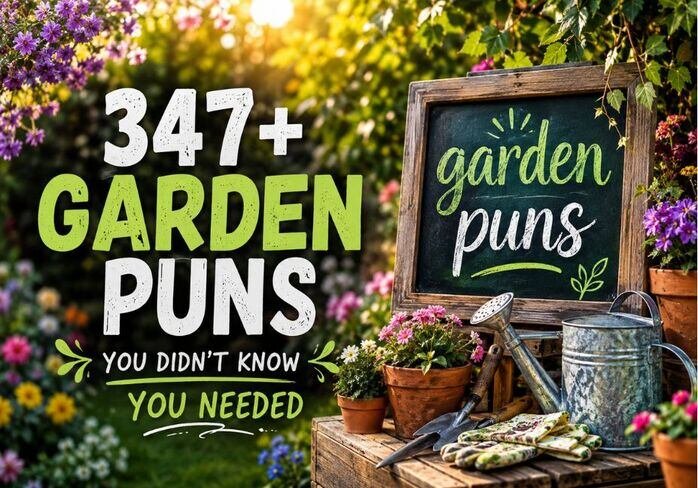 347+ Garden Puns displayed over a colorful, realistic flower garden with a chalkboard, watering can, gardening tools, and blooming plants.