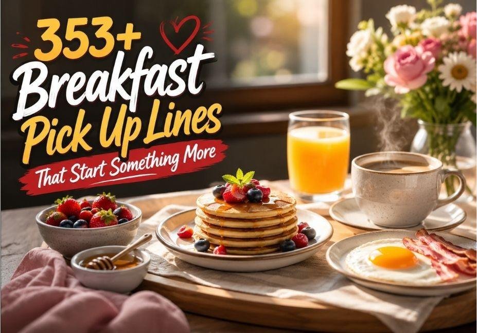 353+ Breakfast Pick Up Lines That Start Something More – romantic breakfast-themed pickup lines with pancakes, coffee, berries, orange juice, eggs, and bacon.