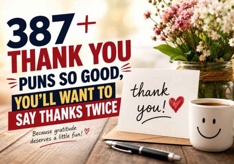 387+ thank you puns featuring a warm thank-you card, colorful flowers, coffee mug, and bold “Thank You Puns So Good” typography on a rustic wooden table, designed for a funny and engaging gratitude-themed blog article.