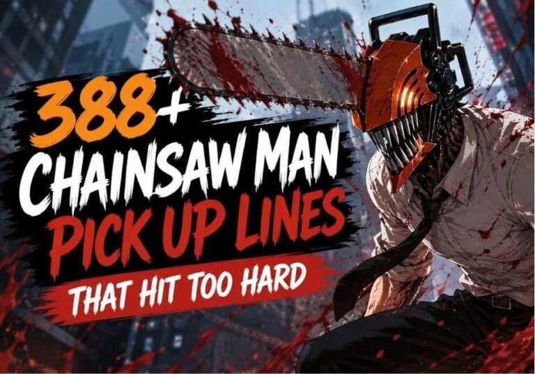 388+ Chainsaw Man Pick Up Lines That Hit Too Hard – dramatic anime-inspired Chainsaw Man character with bold pickup line text and urban action background