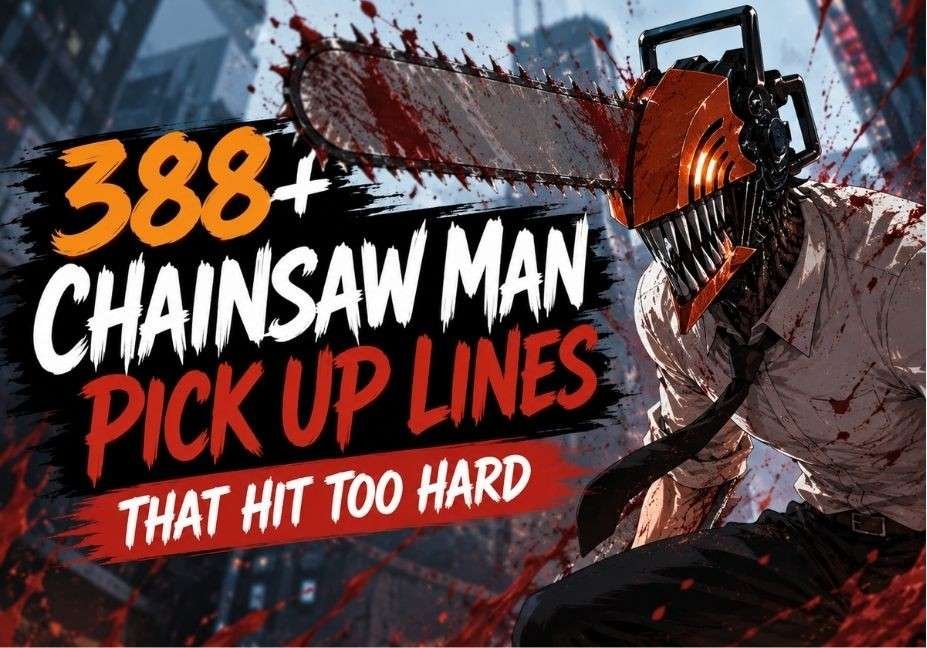 388+ Chainsaw Man Pick Up Lines That Hit Too Hard – dramatic anime-inspired Chainsaw Man character with bold pickup line text and urban action background