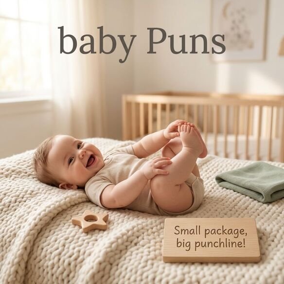 Happy baby on a soft blanket with baby Puns and the playful wordplay message “Small package, big punchline!”