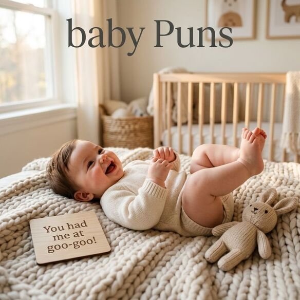 Laughing baby on a cozy blanket featuring baby Puns and the funny quote “You had me at goo-goo!”