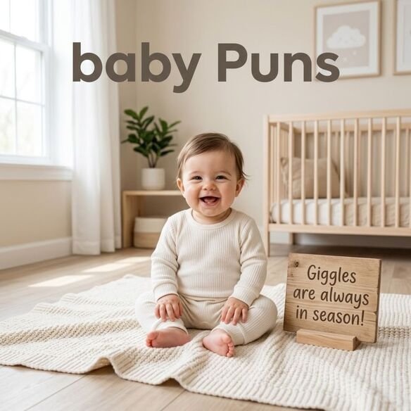 Happy baby in a bright nursery with baby Puns and a clean family-friendly joke about giggles.