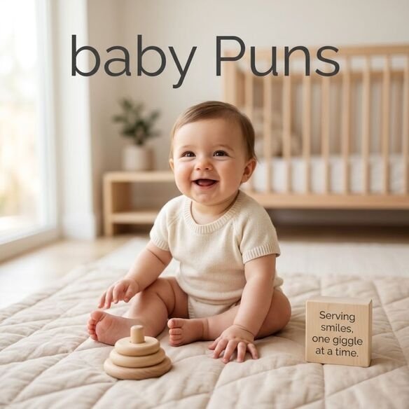 Smiling baby in a minimalist nursery featuring baby Puns and a witty social media message about smiles and giggles.