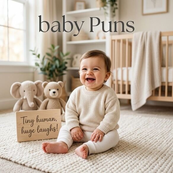 Cute baby sitting in a cozy nursery with baby Puns typography and the funny saying “Tiny human, huge laughs!”