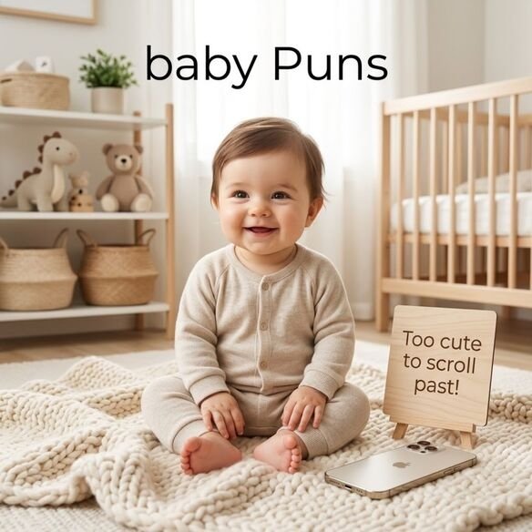 Smiling baby with a smartphone in a modern nursery featuring baby Puns and a clever Instagram caption about being too cute to scroll past.