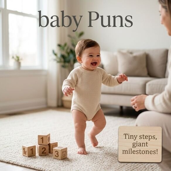 Baby taking first steps with milestone blocks and baby Puns featuring the celebratory message “Tiny steps, giant milestones!”