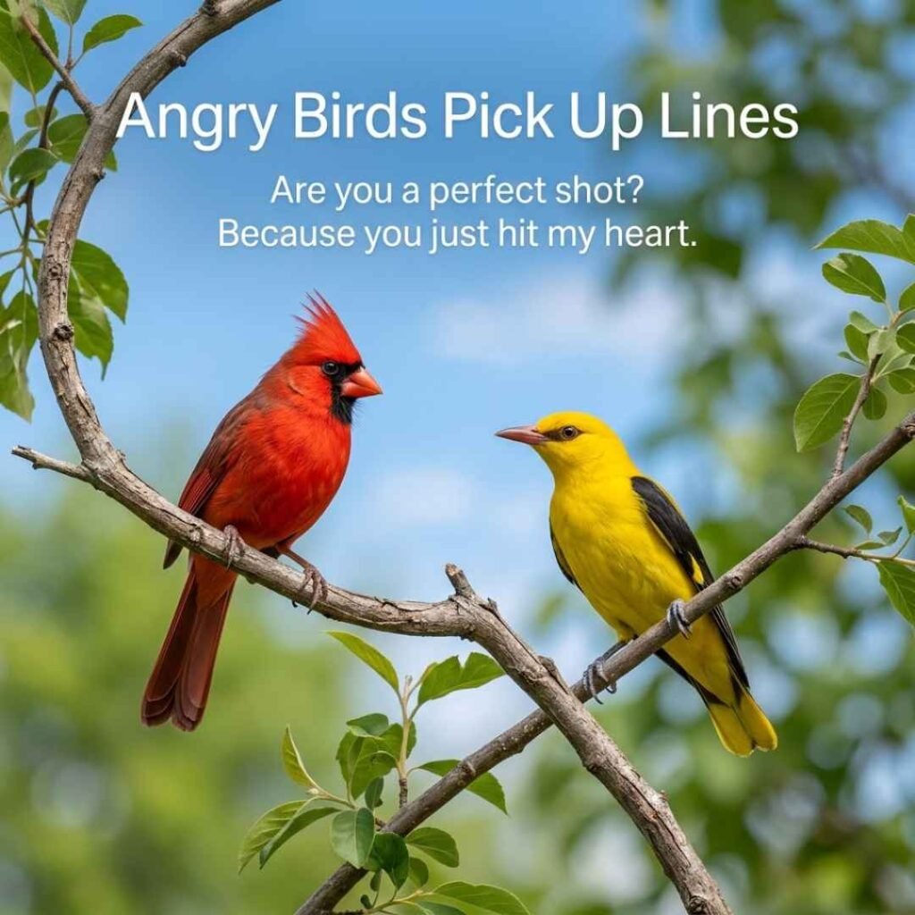 Natural red and yellow birds with Angry Birds Pick Up Lines one-liner text in a bright outdoor setting.