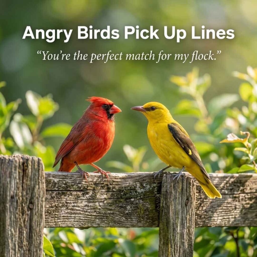 Realistic garden scene featuring Angry Birds Pick Up Lines with a playful matching quote and natural red and yellow birds.