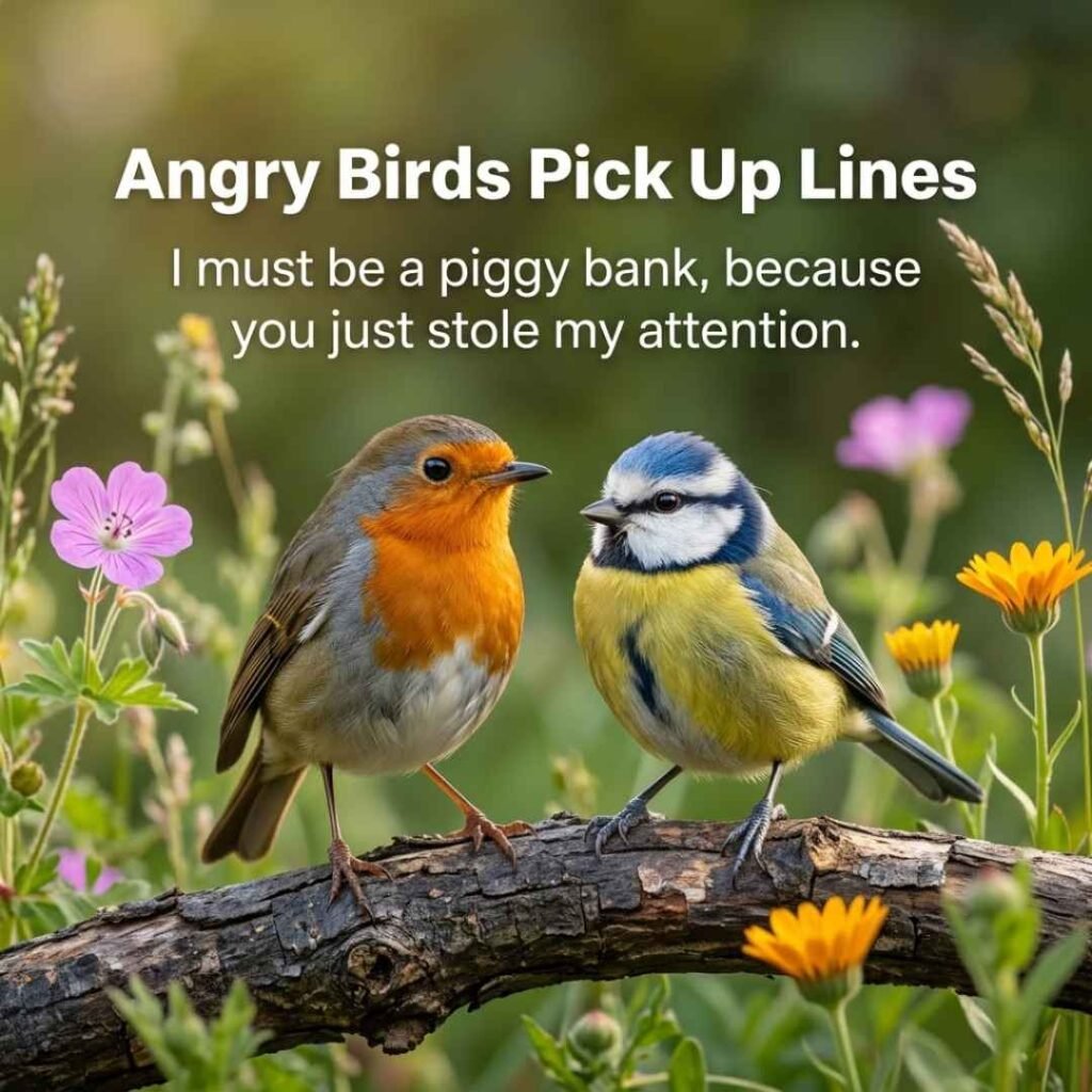 Playful realistic bird scene featuring Angry Birds Pick Up Lines and a funny flirting joke in a natural garden.