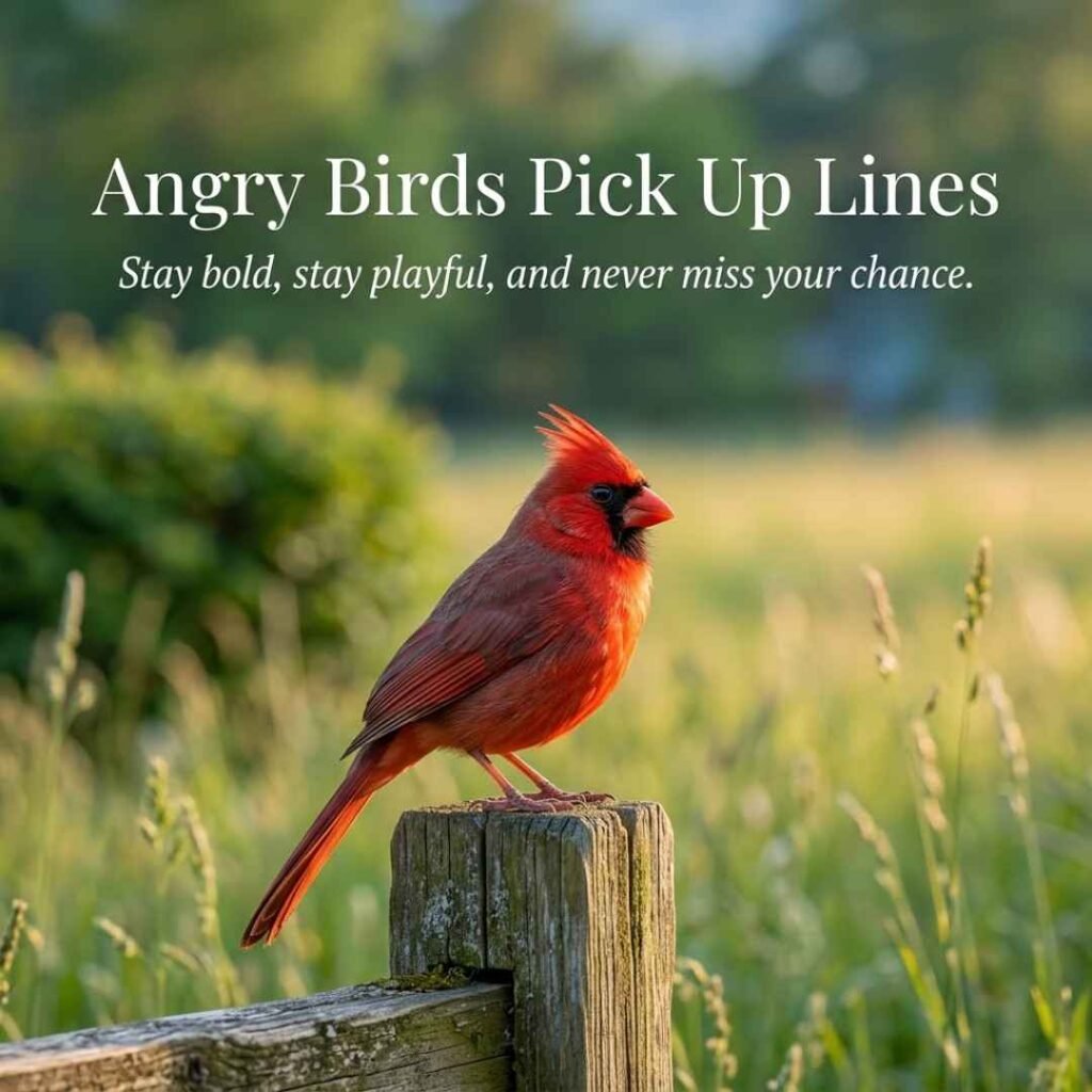 Golden-hour bird photograph with Angry Birds Pick Up Lines caption text for social media status and posts.