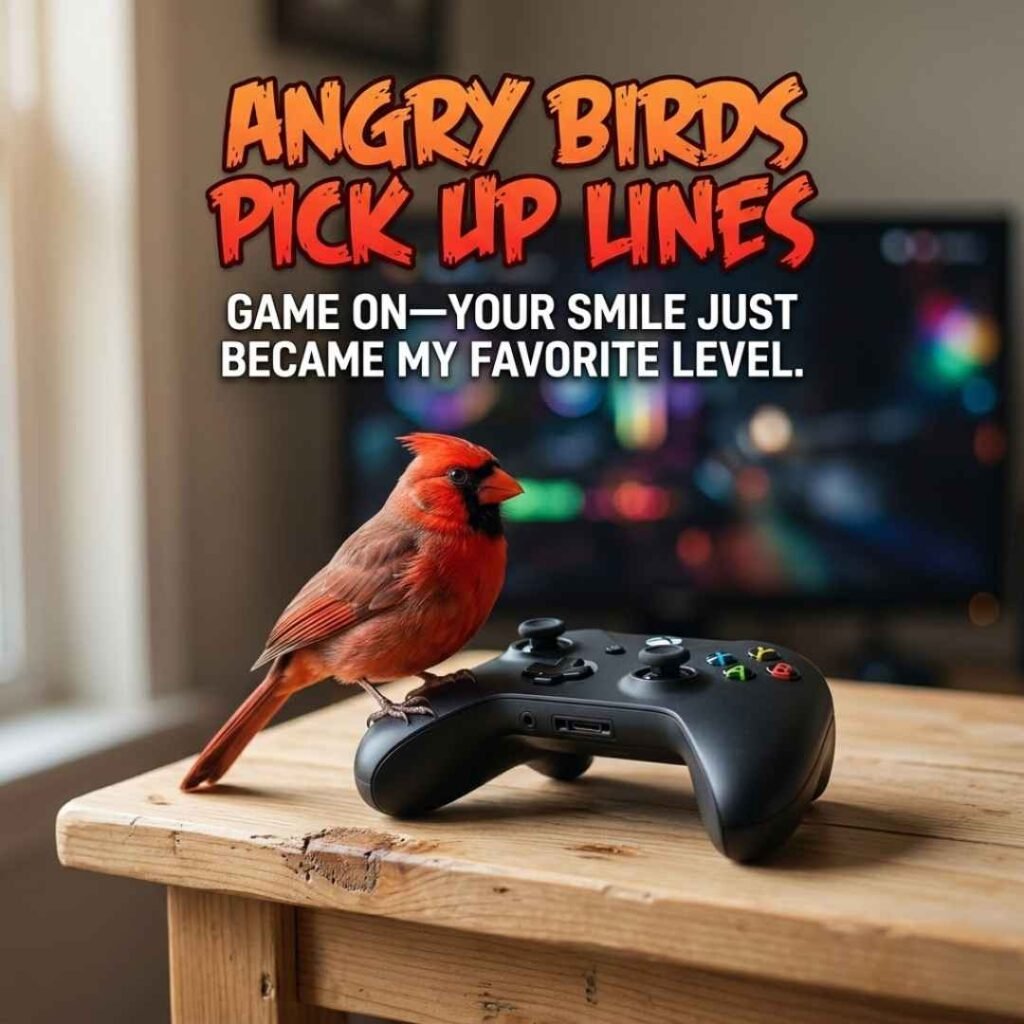 Realistic gaming setup with a red bird, controller, and Angry Birds Pick Up Lines for gamers.