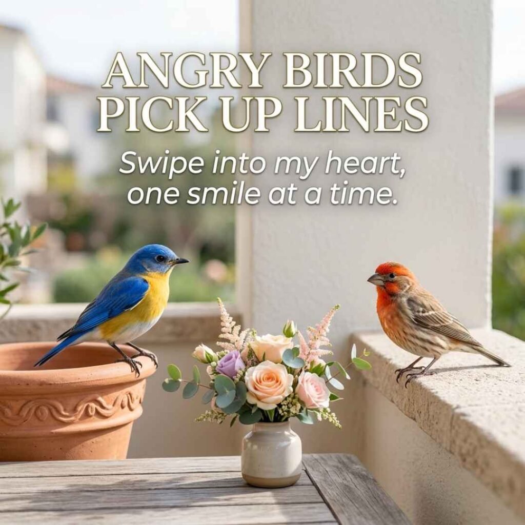 Beautiful balcony photo featuring Angry Birds Pick Up Lines with a playful Instagram-friendly message.