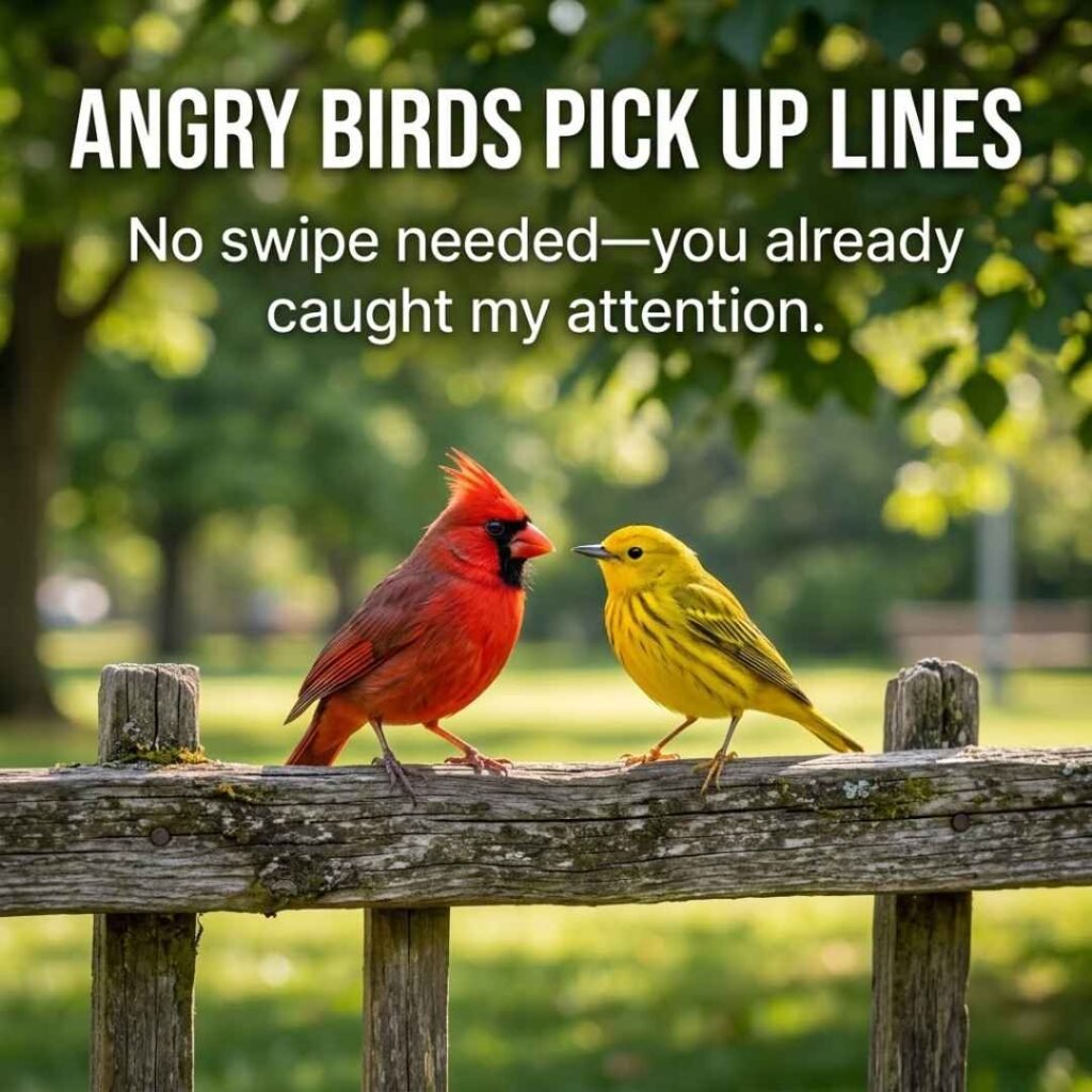 Funny dating-themed bird image featuring Angry Birds Pick Up Lines and a playful swipe-inspired message.