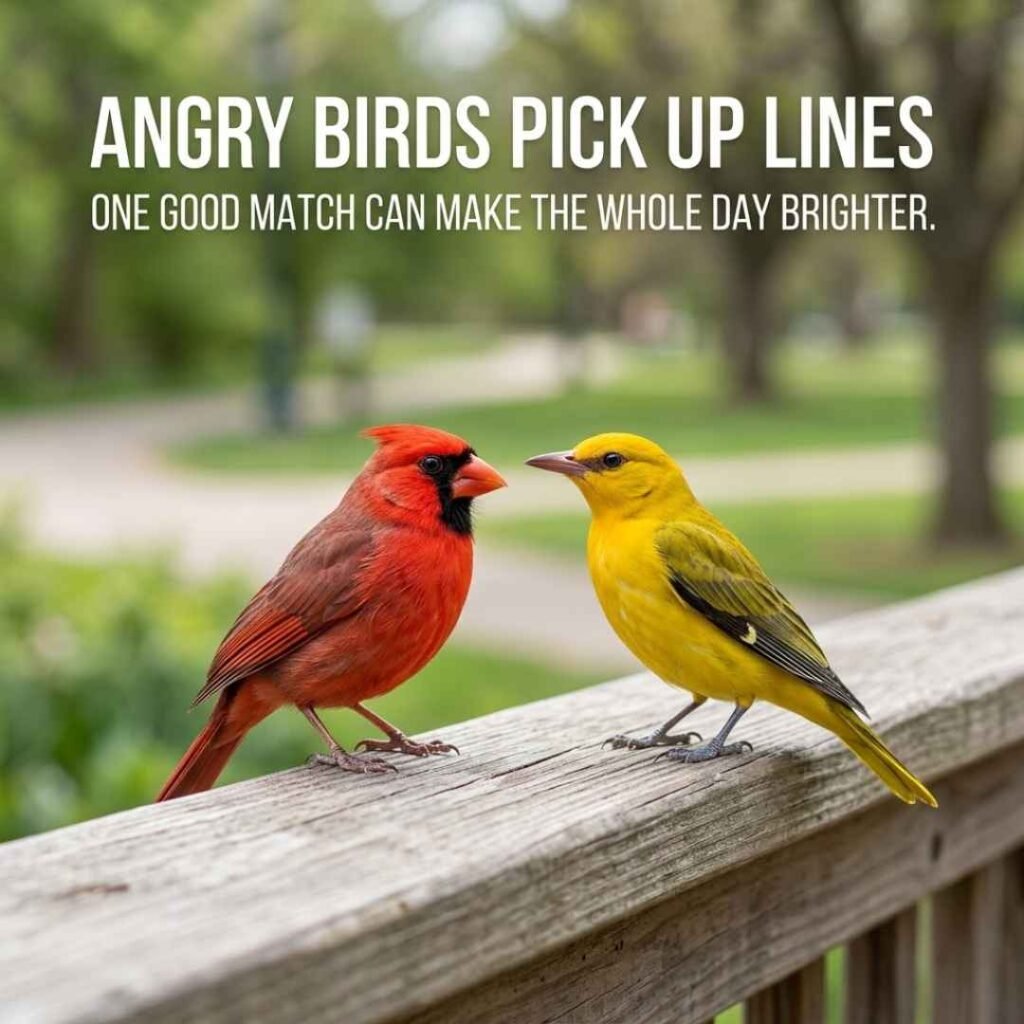 Natural red and yellow birds with Angry Birds Pick Up Lines and a friendly Tinder-inspired matching message.