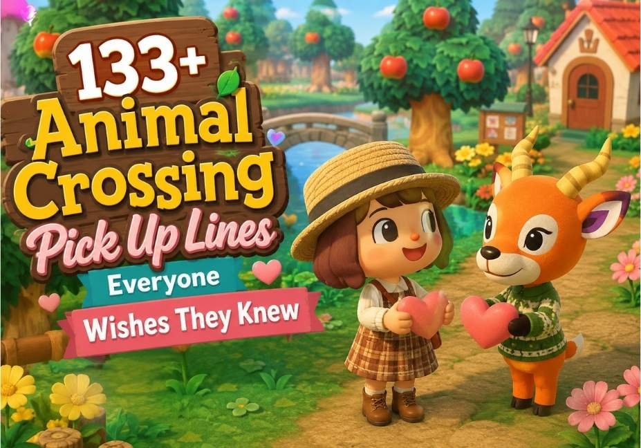 Animal Crossing Pick Up Lines featured image with cute village characters sharing hearts in a colorful island setting.