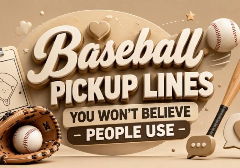 Baseball pickup lines graphic with 3D typography, baseball, glove, bat, hearts, and beige background