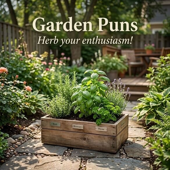 Best Garden Puns wordplay joke featuring a realistic herb planter and the humorous saying “Herb your enthusiasm!”