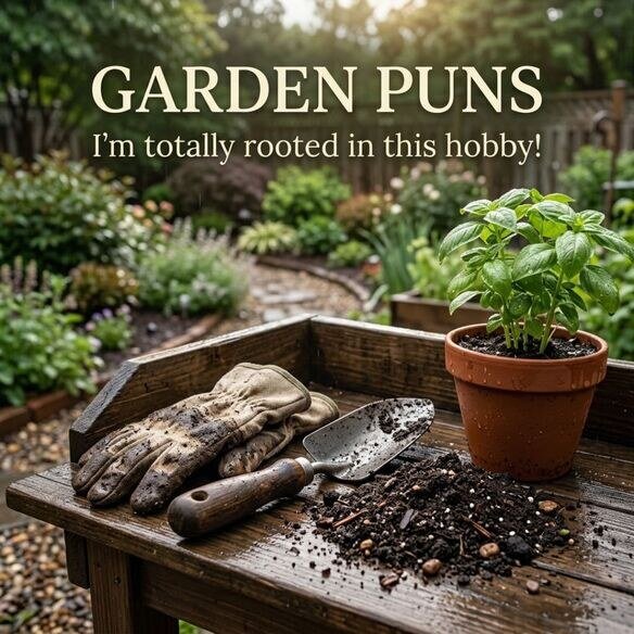 Muddy and funny Garden Puns featuring realistic gardening gloves, fresh soil, plants, and a playful gardening saying.