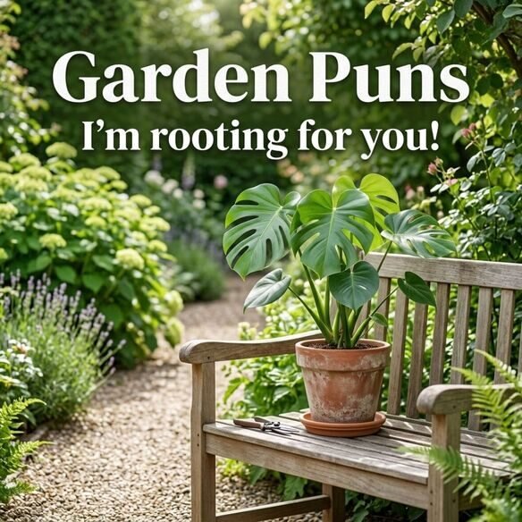 Funny Garden Puns one-liner image featuring a realistic potted plant and the saying “I’m rooting for you!”