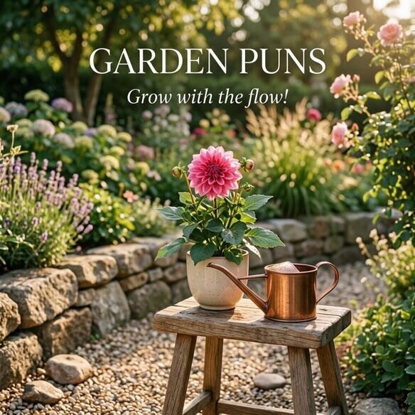 Short funny Garden Puns featuring a blooming flower, watering can, natural garden background, and “Grow with the flow!” quote.
